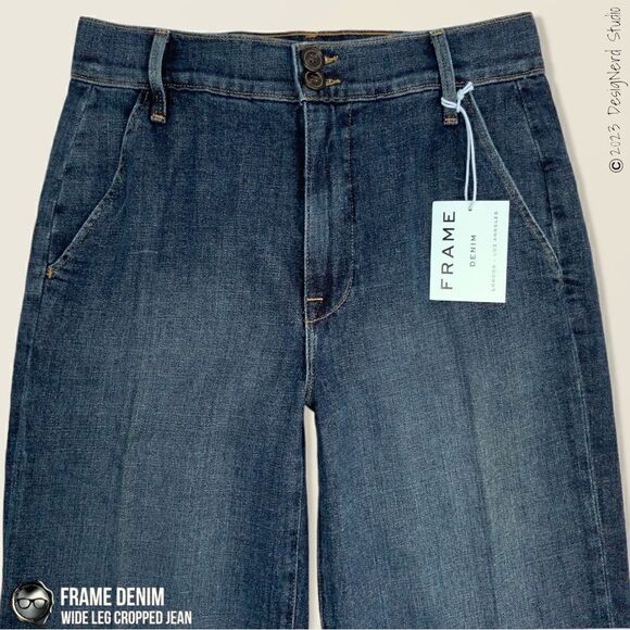 FRAME DENIM WIDE LEG CROPPED JEANS IN MOSEY BLUE STRETCH DENIM WOMEN’S SIZE 28 - Picture 3 of 15